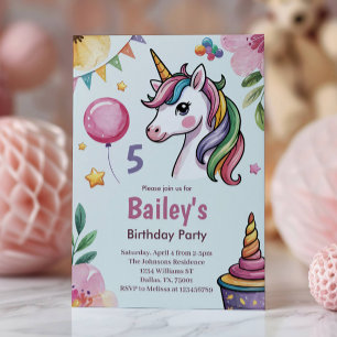 Invitación Niñas Lindo Unicornio Pastel Niños Cumpleaños 5