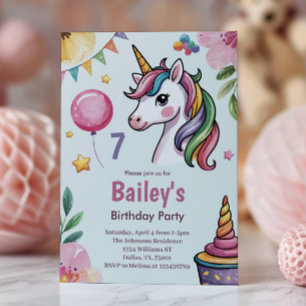 Invitación Niñas Lindo Unicornio Pastel Niños Cumpleaños 7