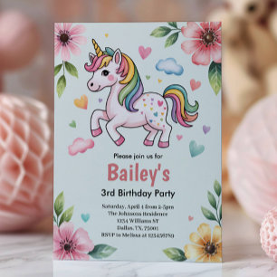 Invitación Niñas Lindo Unicornio Rosa Cumpleaños Infantil 3 A
