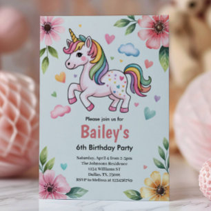 Invitación Niñas Lindo Unicornio Rosa Fiesta de Cumpleaños 6 