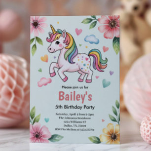 Invitación Niñas Lindo Unicornio Rosa Fiesta de Cumpleaños In
