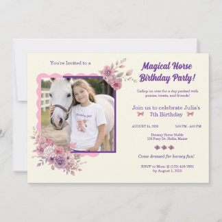 Invitación Niñas Lindos Ponis Floral Pastel Caballo Invitació