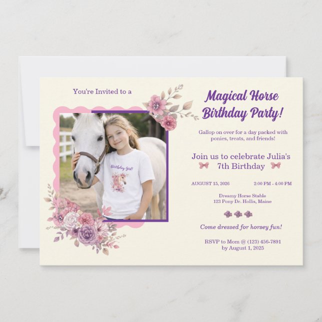 Invitación Niñas Lindos Ponis Floral Pastel Caballo Invitació (Anverso)