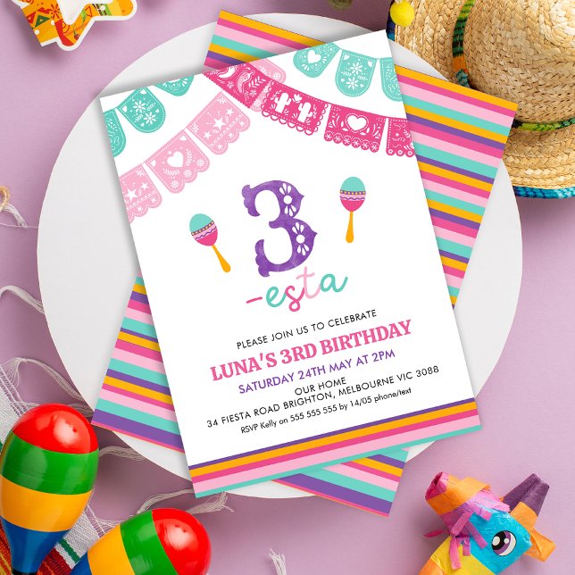 Invitación Niñas Modernas Multicolores Three-esta Cumpleaños  (Girls Three-esta 3rd Birthday Invitation Template, Editable Fiesta 3rd Birthday Invitation, Esta )
