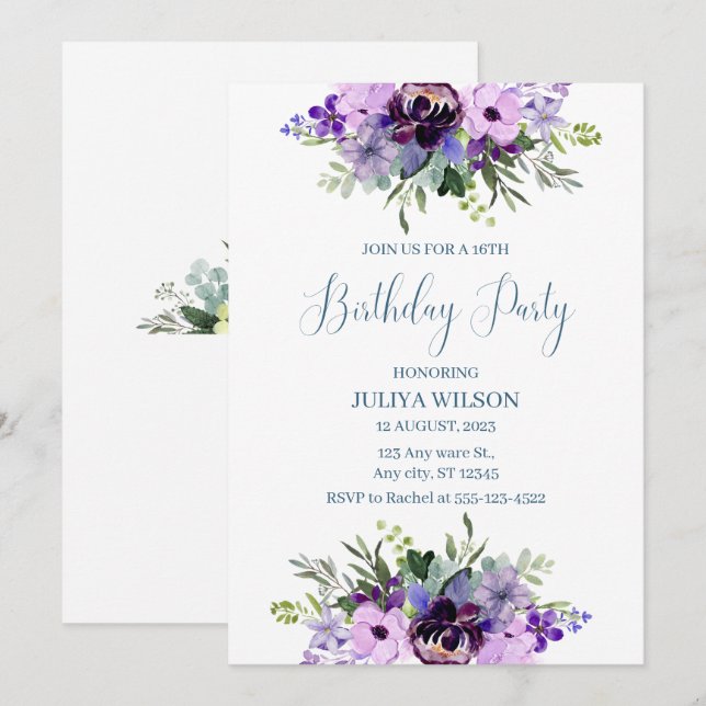 Invitación Niñas moradas y verdes florales Fiesta de cumpleañ (Anverso / Reverso)