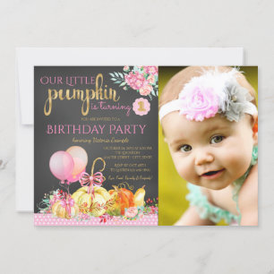 Invitación Niñas pequeño pizarra de calabaza primera cumpleañ