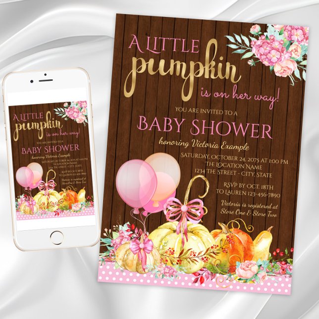 Invitación Niñas pequeño pumpkin rústico madera baby shower d (Little pumpkin baby shower invitation. Instant download and printed invitations available.)