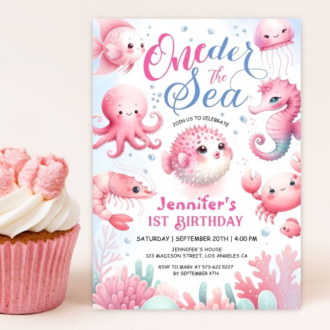 Invitación Niñas Pink Cute Ocean ONE der The Sea 1er cumpleañ (Subido por el creador)