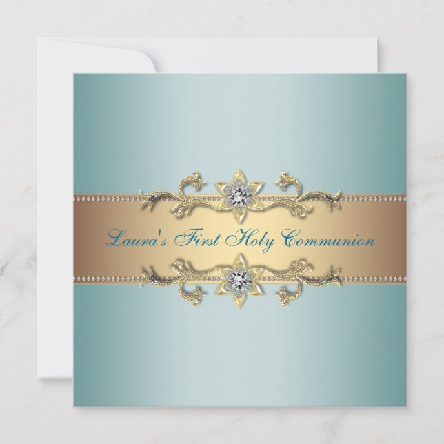 Invitación Niñas Primera Comunión Azul Teal (Anverso)