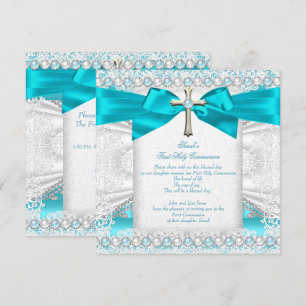 Invitación Niñas Primera Comunión Azul Turquesa Perla Blanco