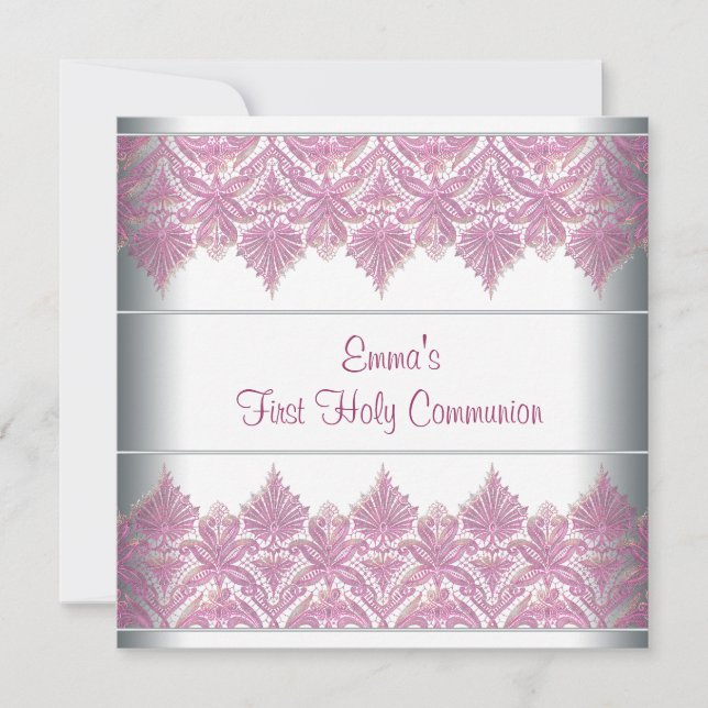 Invitación Niñas Primera Comunión Encaje Rosa (Anverso)