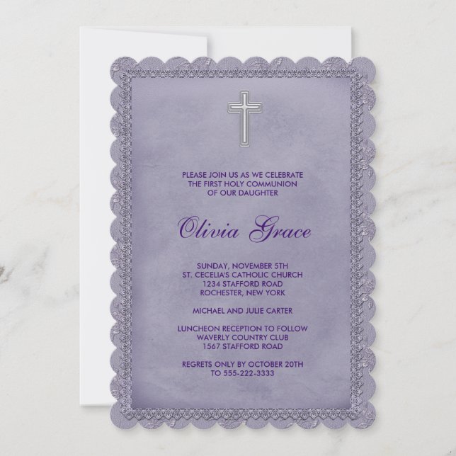 Invitación Niñas Primera Comunión Morada (Anverso)