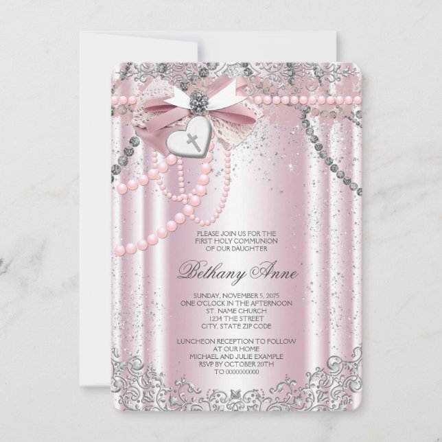 Invitación Niñas Primera Comunión Perla Rosa y Gris (Anverso)