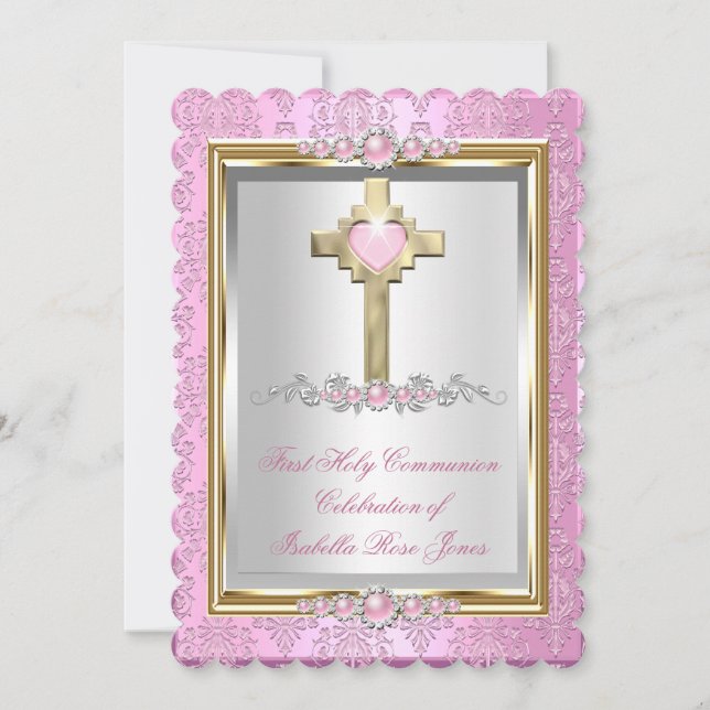Invitación Niñas Primera Comunión Rosa Perla Damask (Anverso)