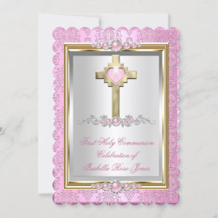 Invitación Niñas Primera Comunión Rosa Perla Damask