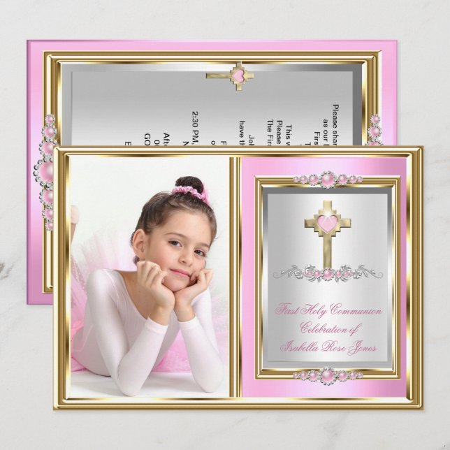 Invitación Niñas Primera Comunión Rosa Perla Foto (Anverso / Reverso)