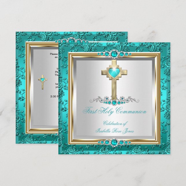 Invitación Niñas Primera Comunión Teal Jade Perla Rosa (Anverso / Reverso)