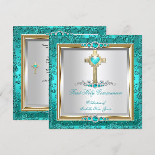 Invitación Niñas Primera Comunión Teal Jade Perla Rosa