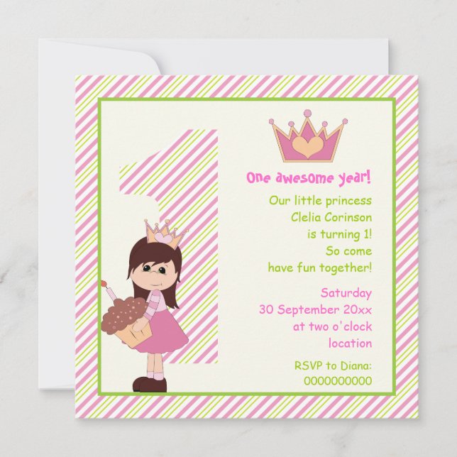 Invitación Niñas princesitas cumpleaños 1 rosa verde (Anverso)