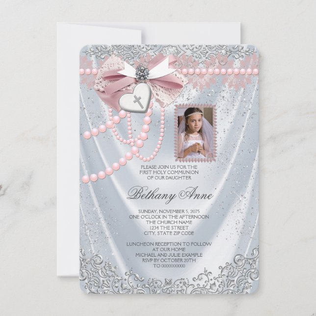 Invitación Niñas Satén Blanco Foto Primera Comunión (Anverso)