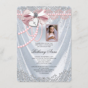 Invitación Niñas Seda Blanca Foto Primera Comunión