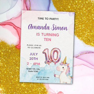 Invitación Niñas Unicornio Pastel Acuarela Cumpleaños 10