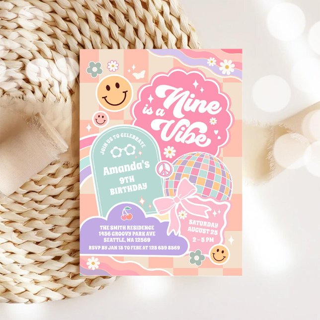 Invitación Nine Is A Vibe Cloud Rainbow Disco 9th Birthday  (Subido por el creador)