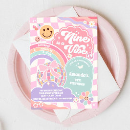 Invitación Nine Is A Vibe Groovy Rainbow Disco 9th Birthday 