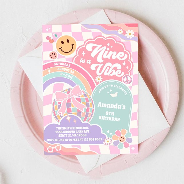 Invitación Nine Is A Vibe Groovy Rainbow Disco 9th Birthday  (Subido por el creador)