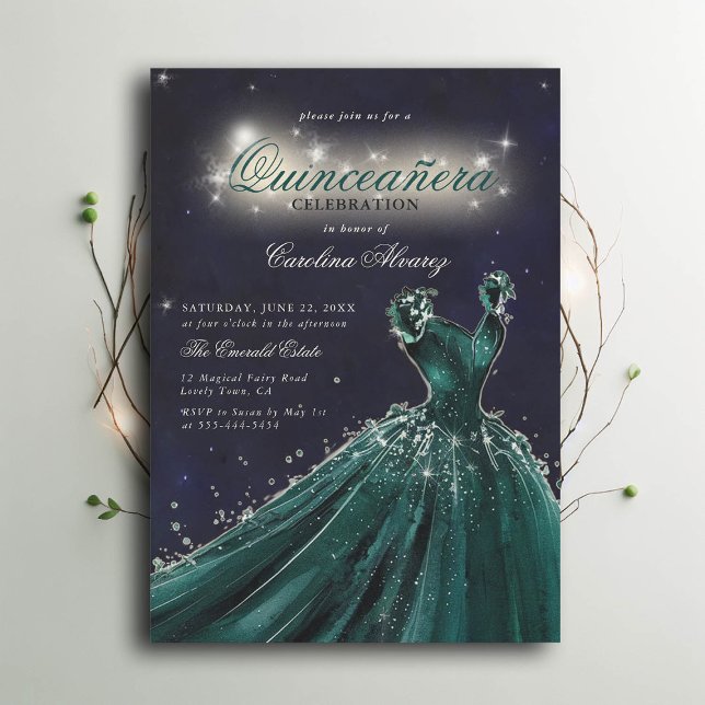 Invitación Niñera encantadora de hadas nocturnas Princesa Qui (enchanted quinceanera princess dress invitation emerald green navy sparkles calligraphy)