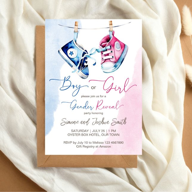 Invitación Niñera o chica de sexo azul rosado revelar (Baby sneakers boy or girl pink blue gender reveal editable template invitation digital download)