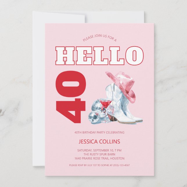 Invitación Niñera Rosa Occidental Disco 40 Fiesta de cumpleañ (Anverso)