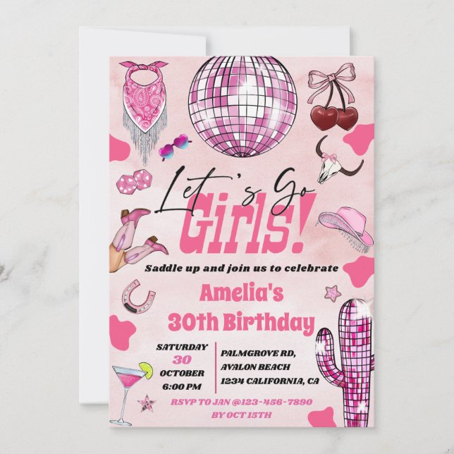 Invitación Niñera rosa Vamos chicas, Disco Rodeo Cumpleaños (Anverso)