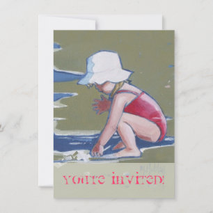 Invitación Niñita con gorra en la playa con olas