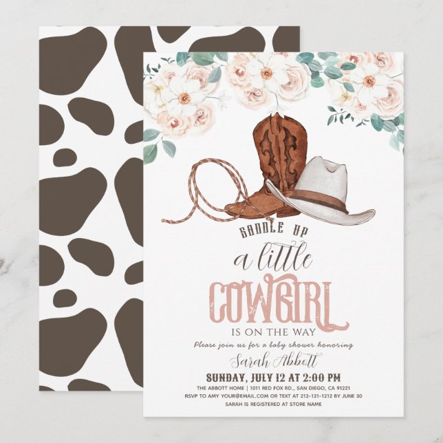 Invitación Niñita Cowgirl Western Floral Chica Baby Shower (Anverso / Reverso)