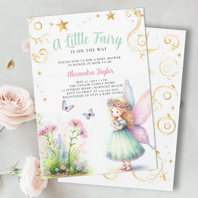 Invitación Niñita de hadas encantadas jardin bebé ducha (a little fairy girl baby shower invitation enchanted forest garden magical butterfly gold sparkle)
