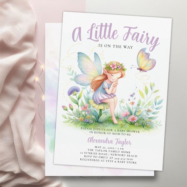Invitación Niñita de hadas encantadas mariposa niña ducha (a little fairy girl baby shower invitation enchanted forest garden magical butterfly purple pink)