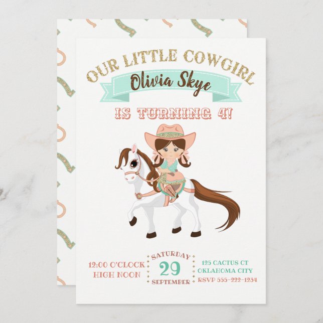 Invitación Niñita en Chicas de caballos Cumpleaños (Anverso / Reverso)