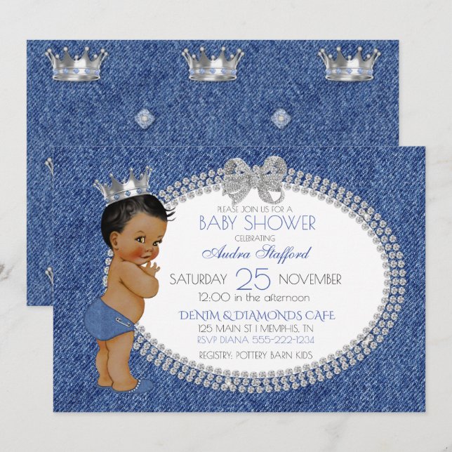 Invitación Niñito de niño pequeño príncipe Denim y diamantes (Anverso / Reverso)