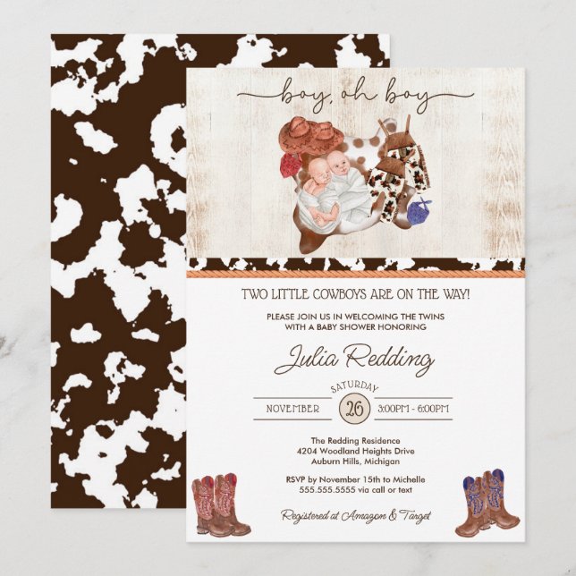 Invitación Niñito de vaca gemela niños Baby Shower occidental (Anverso / Reverso)