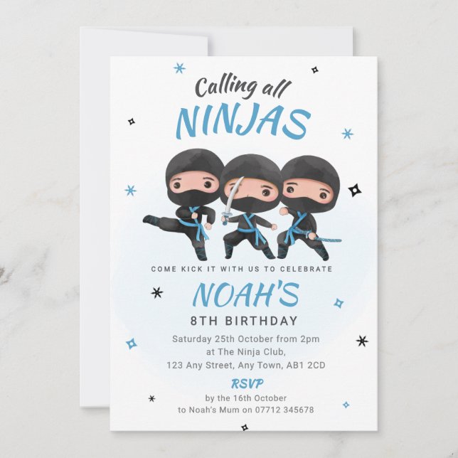 Invitación Ninja Birthday Invitation - Blue Karate Party (Anverso)