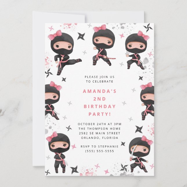Invitación Ninja Girl Birthday Invitation, Cute Pink Karate (Anverso)