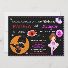 Invitación Ninja y ballerina invitadas por el cumpleaños Dos 