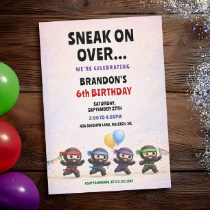 Invitación Ninjas de Dibujos Animados Globos Coloridos Cumple