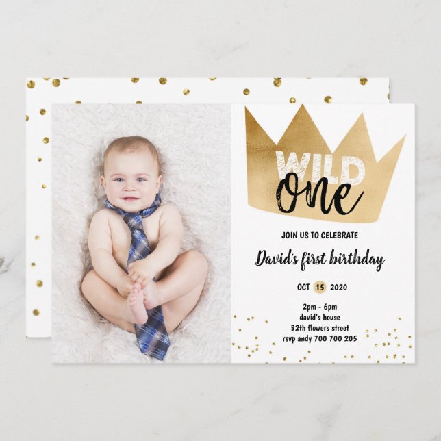 Invitación Niño 1 cumpleaños WILD 1 Relieve metalizado dorado (Anverso / Reverso)