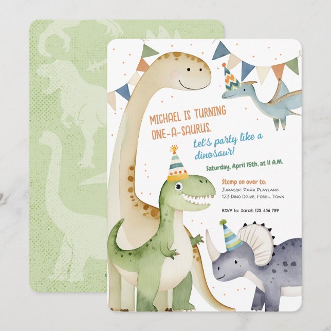 Invitación Niño 1 Fiesta dinomita Cute 1-A-Saurus (Anverso / Reverso)
