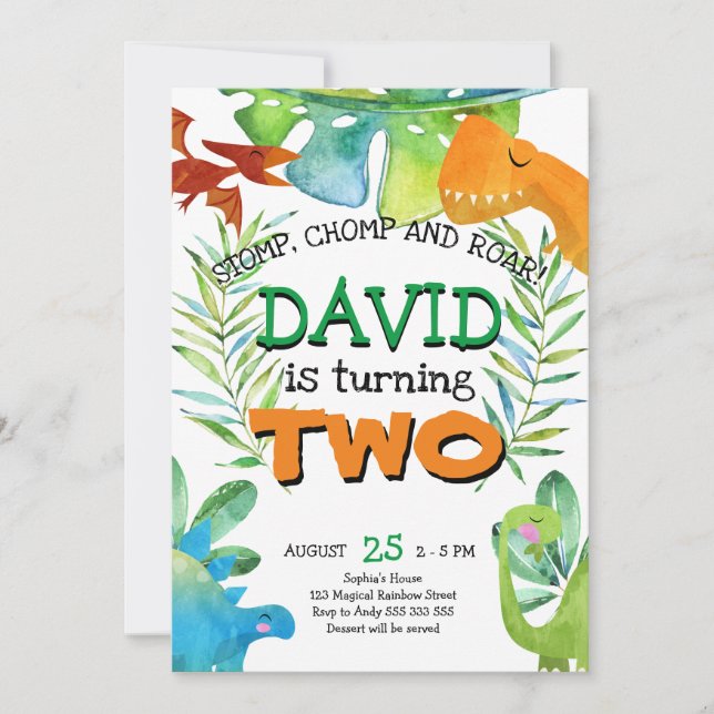 Invitación Niño 2.º cumpleaños Dinosaurio Boys segundo cumple (Anverso)