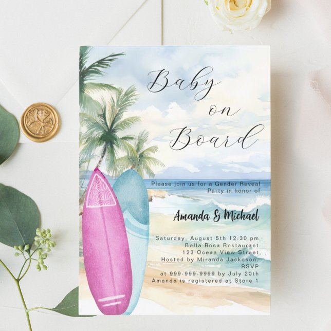 Invitación Niño a bordo chica de surf Revelación de género (Subido por el creador)