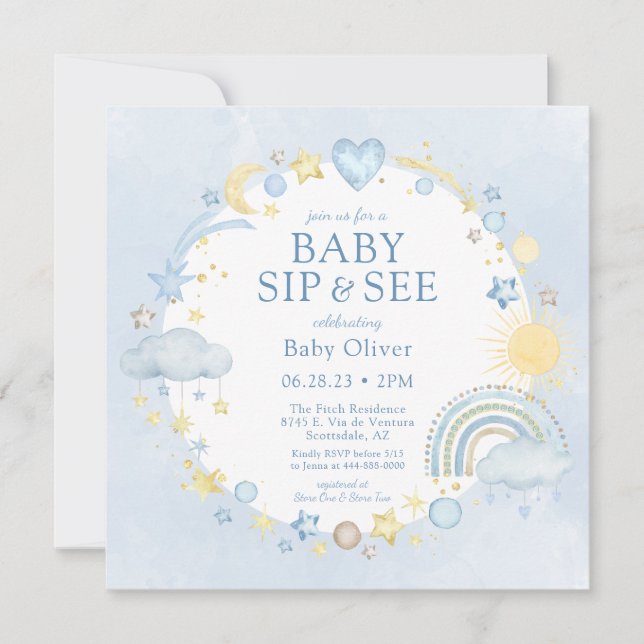 Invitación Niño Acuarela Arcoíris Sip And See (Anverso)