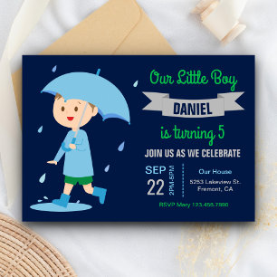 Invitación Niño Adorable con Paraguas   Fiesta de Cumpleaños 